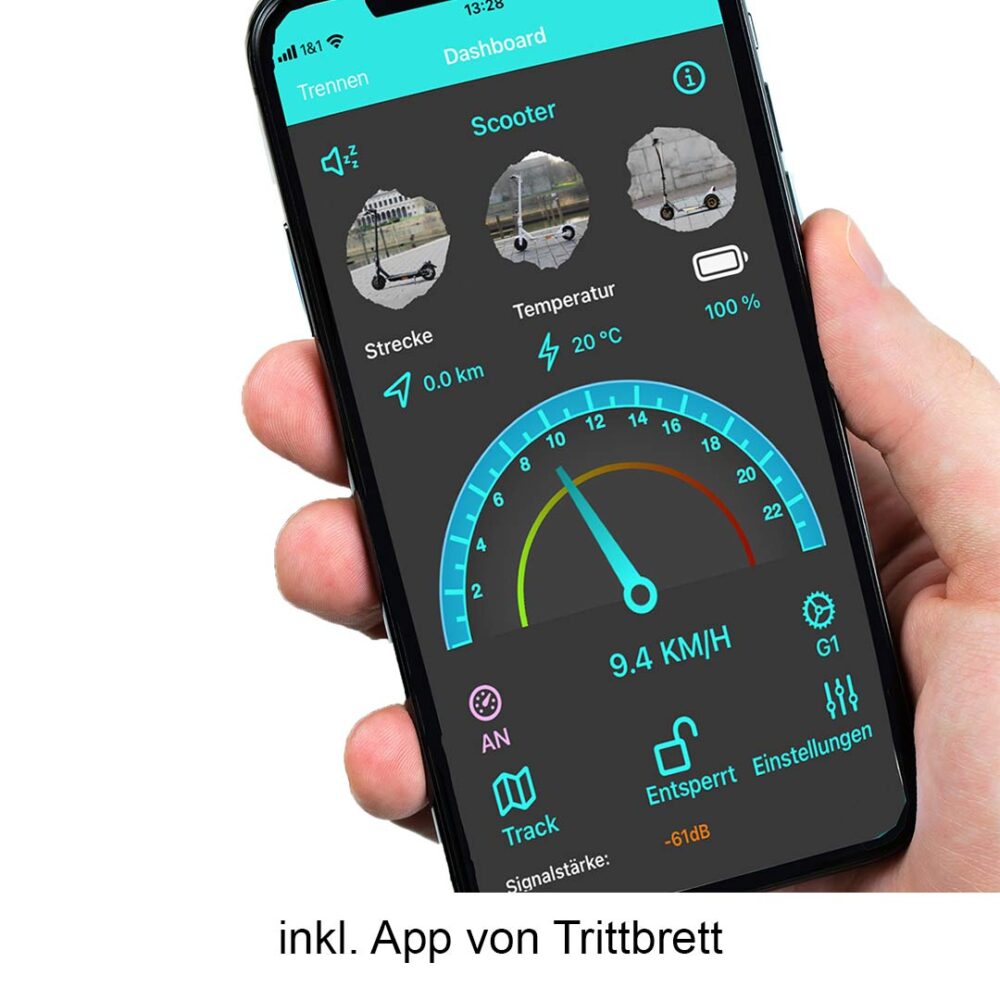 smartphone zeigt app mit funktionen ladezustand elektroroller Trittbrett Emma eScooter