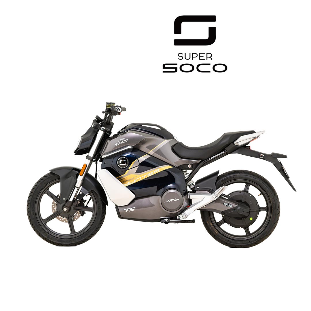 Super Soco TS Streethunter 45 km/h Elektromotorrad, Seitenansicht vor weißem Hintergrund