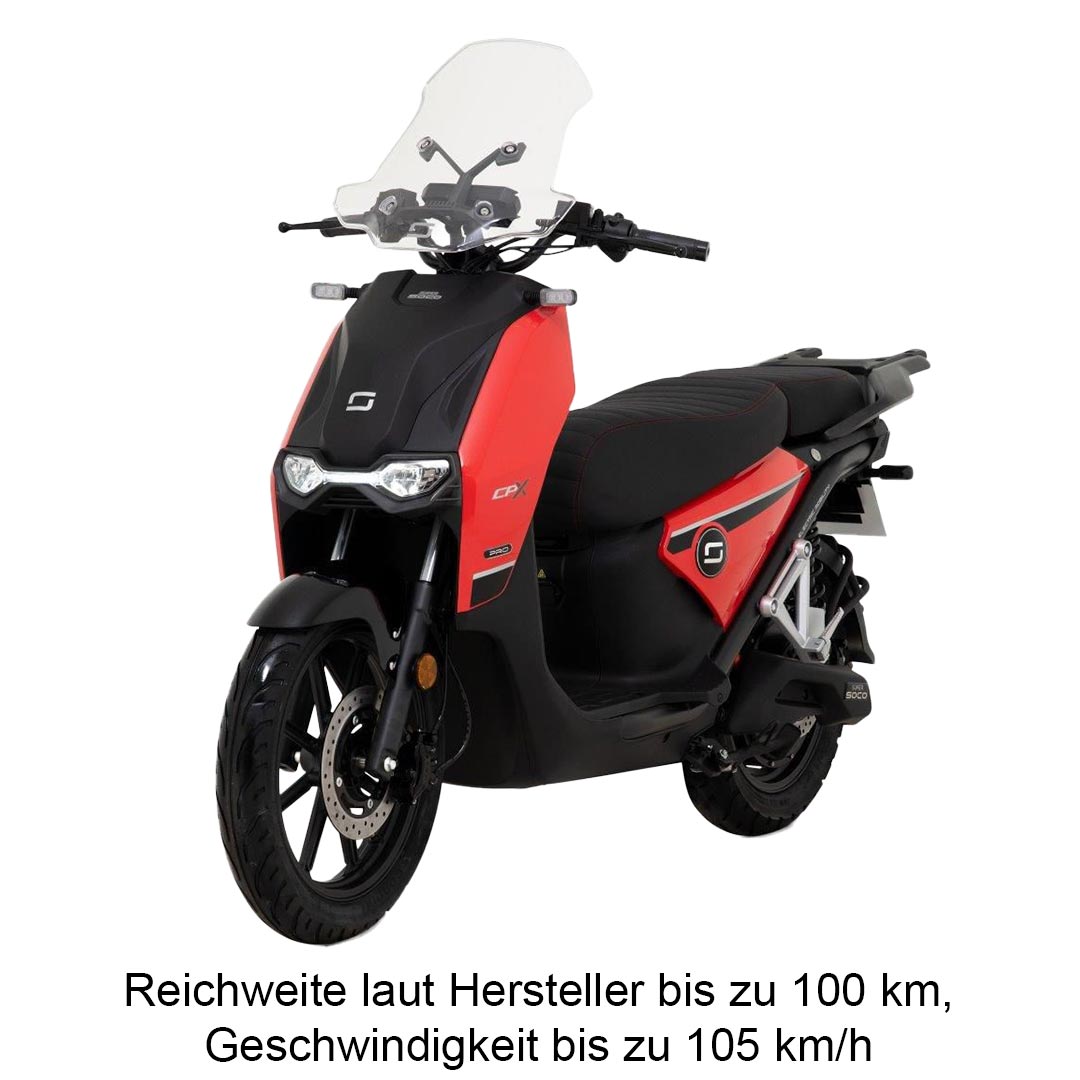 Super Soco cpx pro in rot, von schräg vorne, Elektroroller