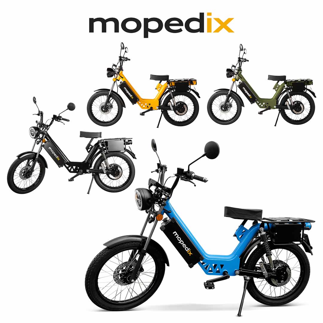 Mopedix Electrix eRoller eMoped in vier Farben blau, schwarz, orange, olive in Seitenansicht