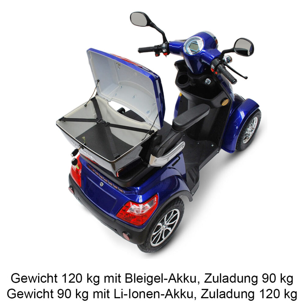 Eco Engel 510 Seniorenmobil 25 km/h von schräg hinten in blau mit offenem Topcase