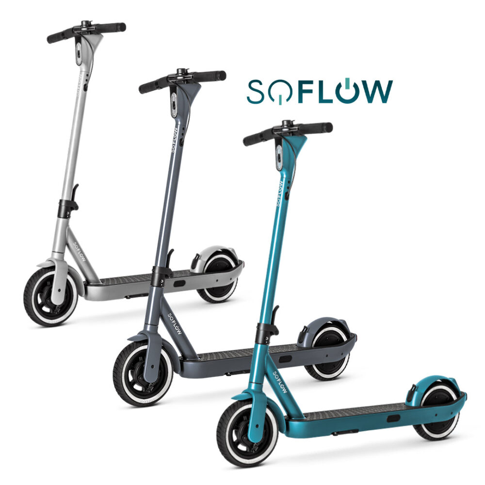 Soflow ONE + escooter in silbergrau, schwarz und petrol